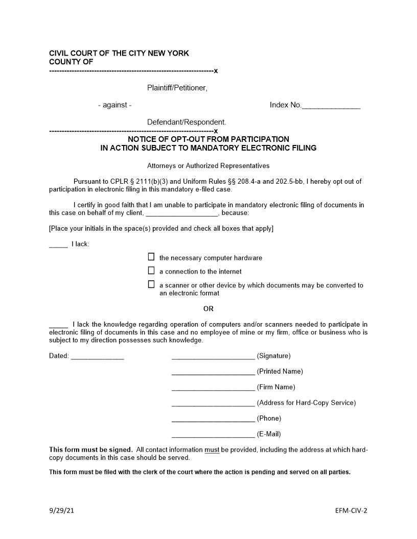 Notice Of Opt-Out From Participation In Action Subject To Mandatory Electronic Filing {EFM-CIV-2} | Pdf Fpdf Docx | New York
