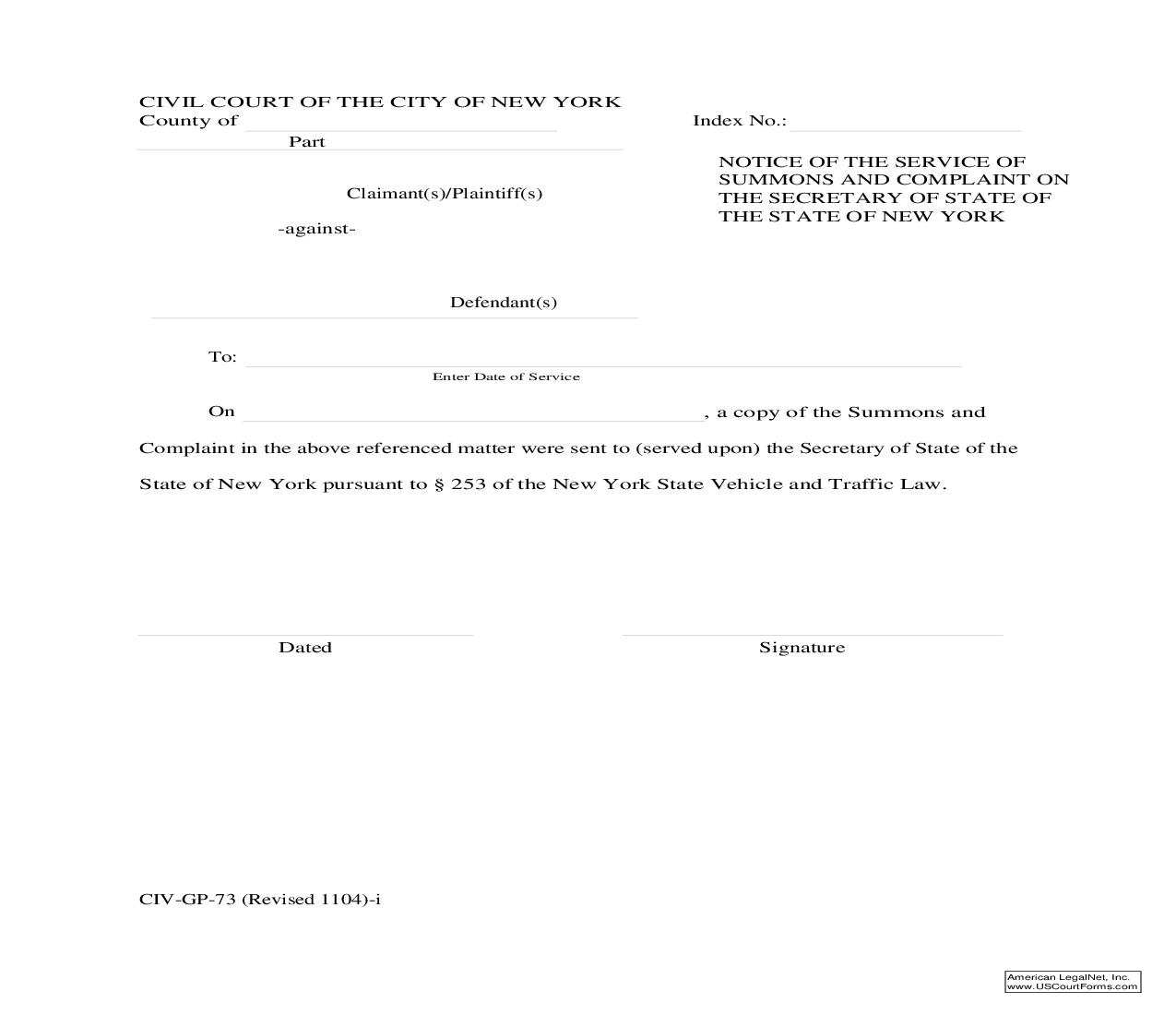 Notice Of Service Of Summons And Complaint On The Secretary Of State Of The State Of New York {CIV-GP-73} | Pdf Fpdf Doc Docx | New York