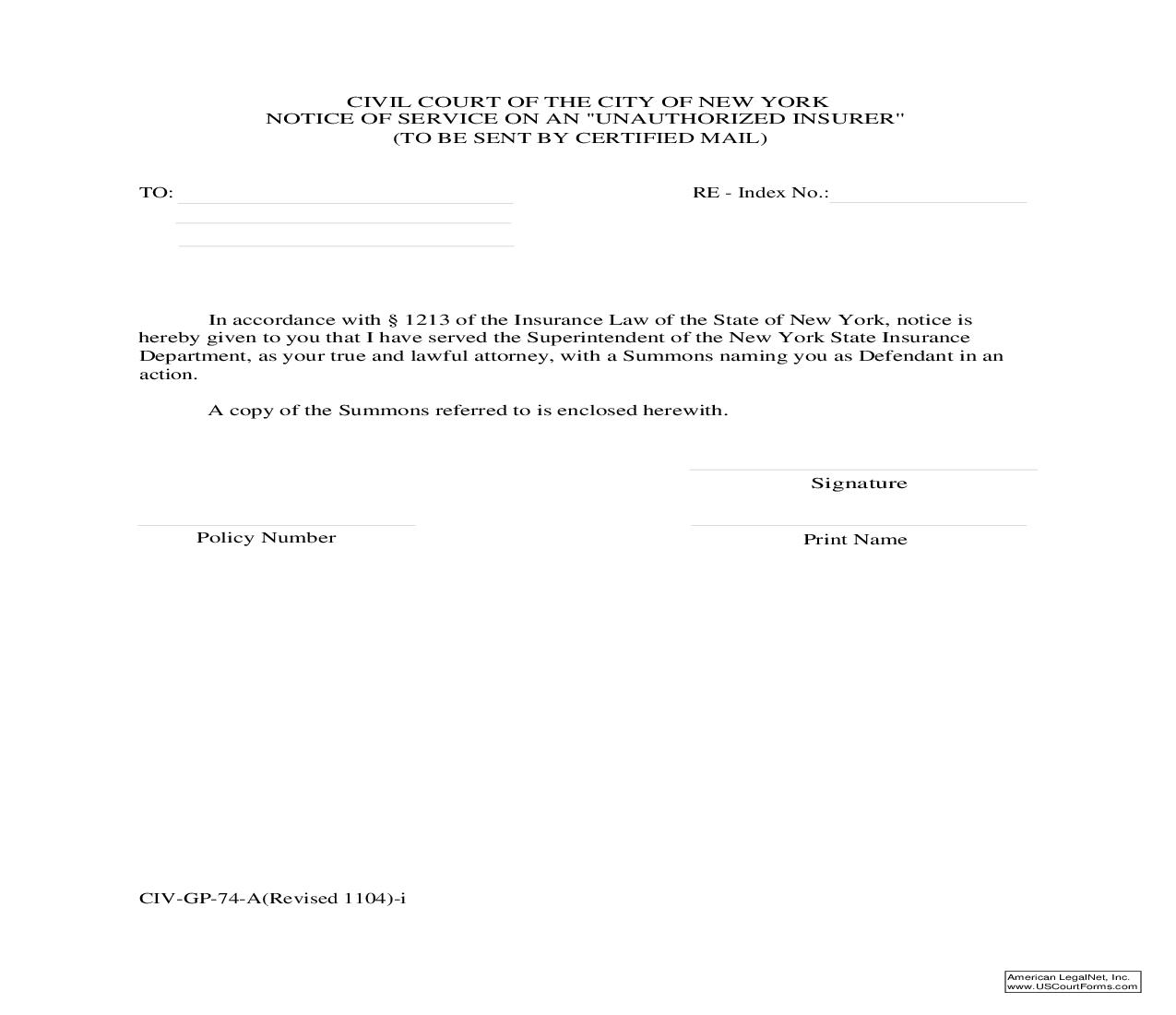 Notice Of Service On An Unauthorized Insurer {CIV-GP-74-A} | Pdf Fpdf Doc Docx | New York