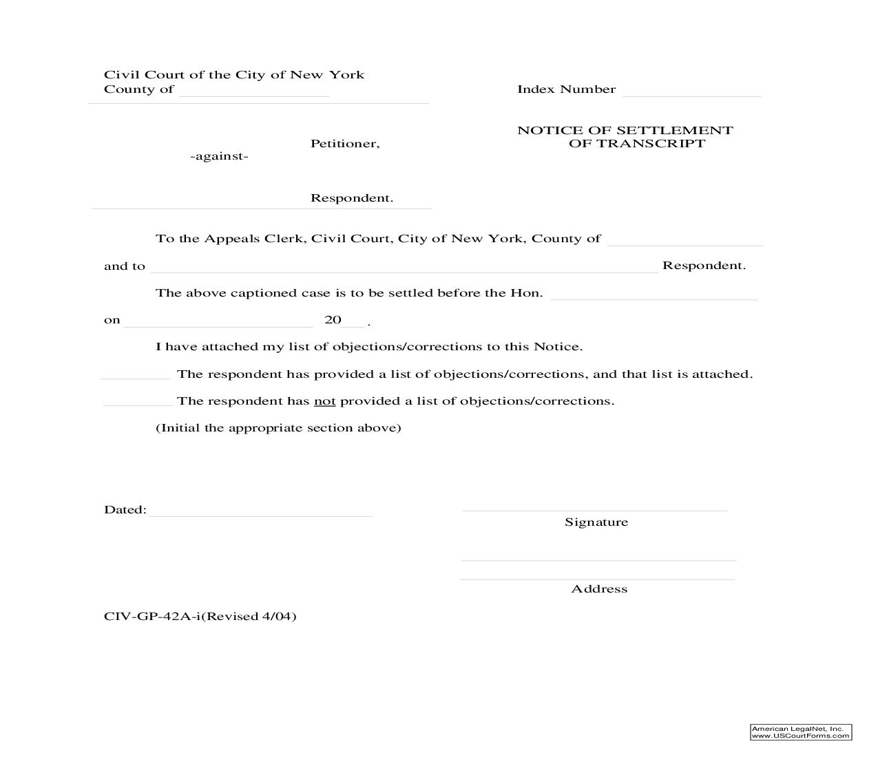 Notice Of Settlement Of Transcript {CIV-GP-42A} | Pdf Fpdf Doc Docx | New York