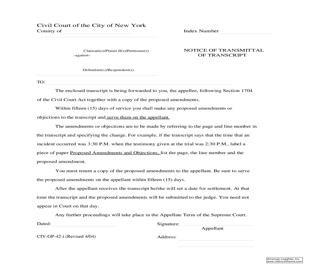 Notice Of Transmittal Of Transcript {CIV-GP-42} | Pdf Fpdf Doc Docx | New York