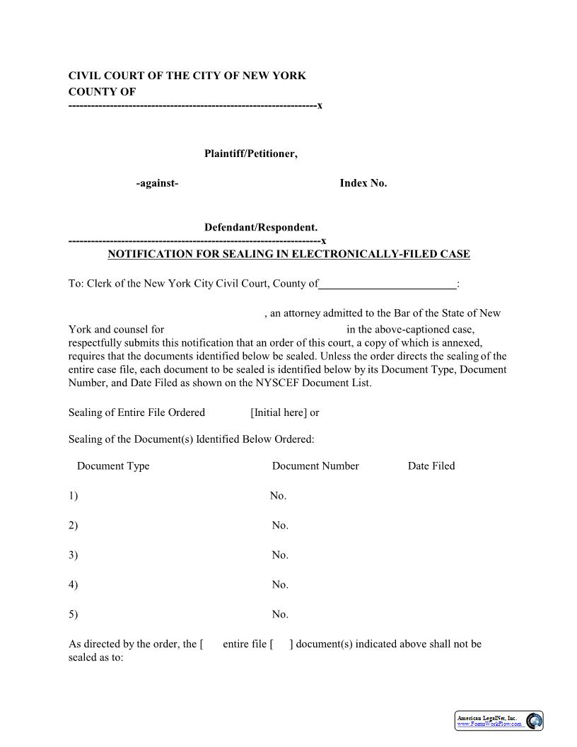 Notificatoin For Sealing In Electronically Filed Case {EFCIV-7} | Pdf Fpdf Docx | New York