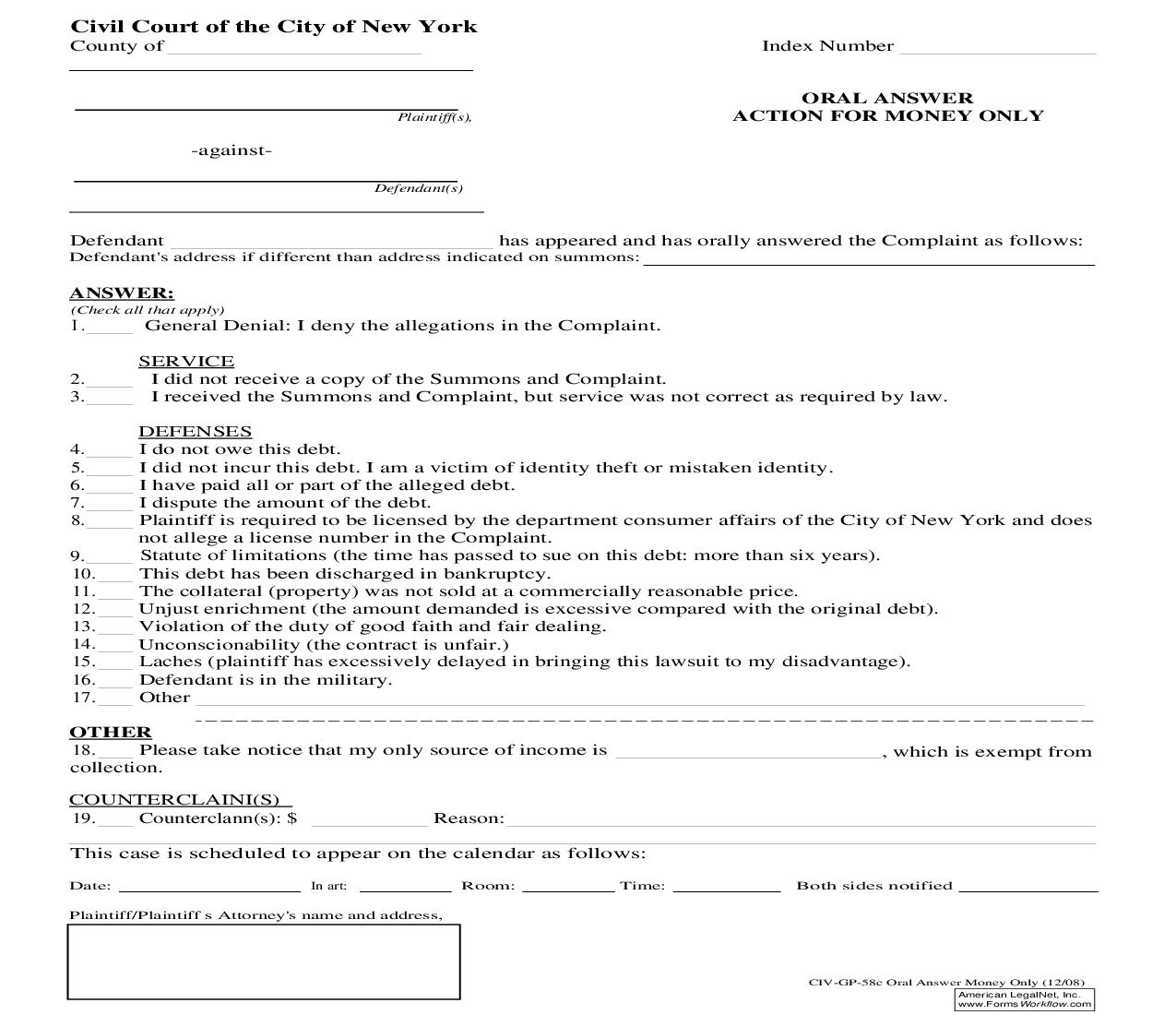 Oral Answer Action For Money Only {CIV-GP-58c} | Pdf Fpdf Doc Docx | New York