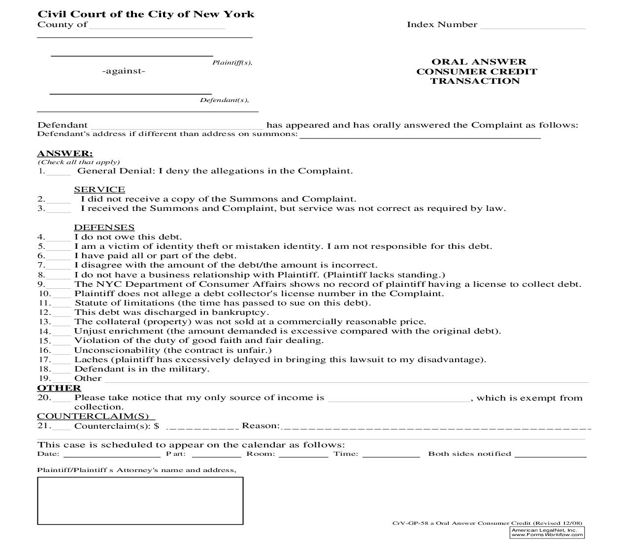 Oral Answer Consumer Credit Transaction {CIV-GP-58a} | Pdf Fpdf Doc Docx | New York