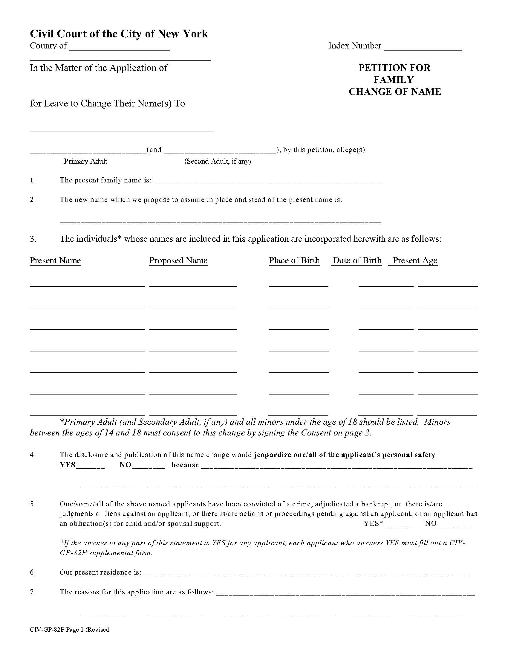 Petition For Family Change Of Name {CIV-GP-82F} | Pdf Fpdf Doc Docx | New York