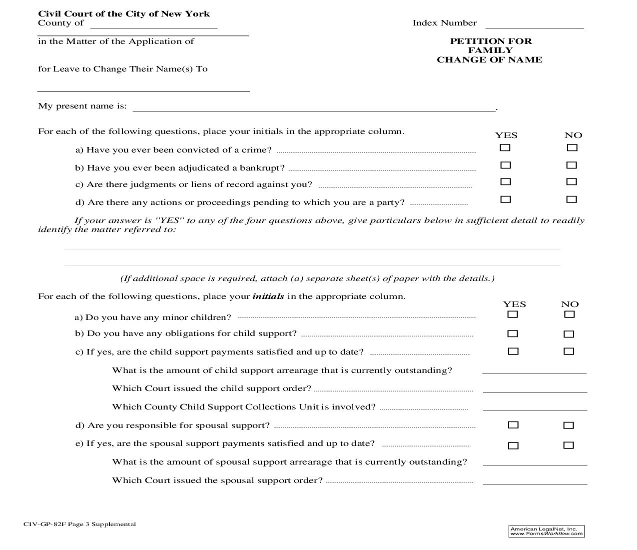 Petition For Family Change Of Name (Supplemental) {CIV-GP-82F} | Pdf Fpdf Doc Docx | New York