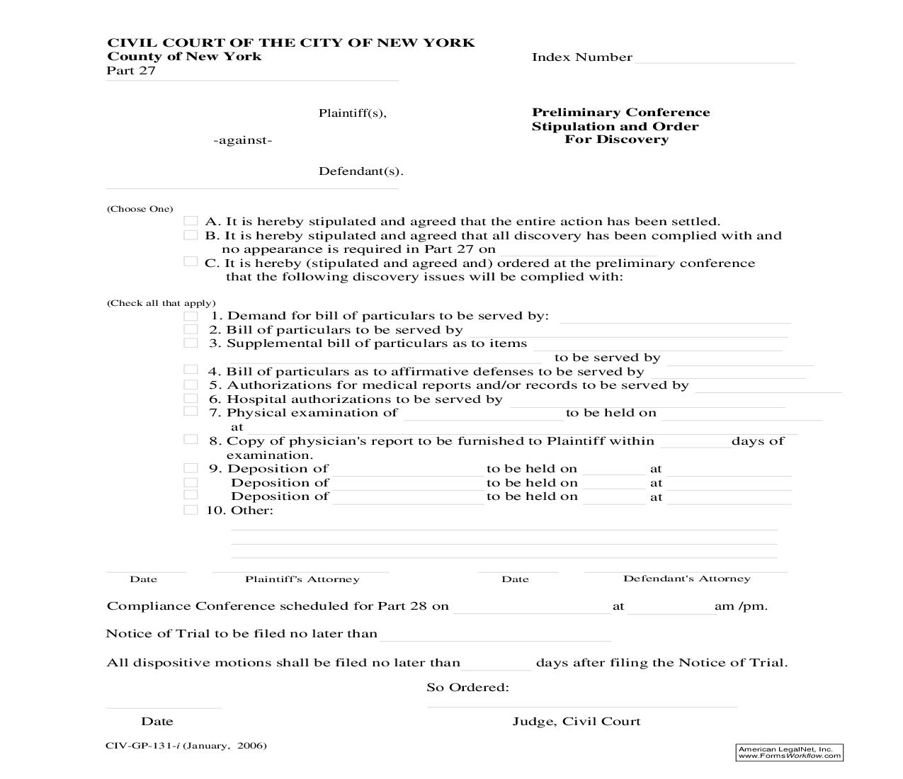 Preliminary Conference Stipulation And Order For Discovery {CIV-GP-131} | Pdf Fpdf Doc Docx | New York