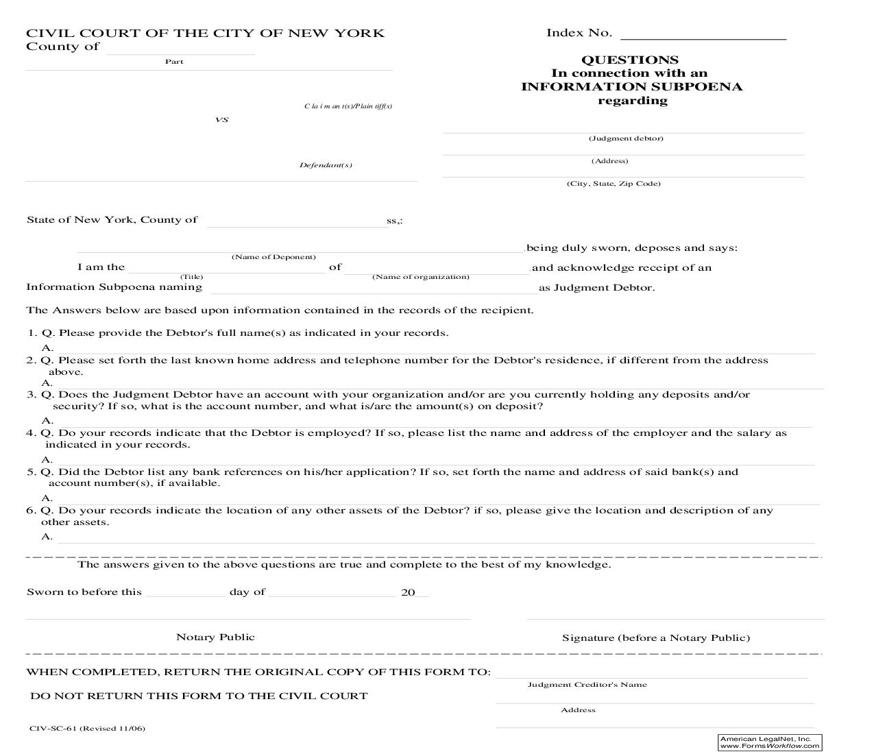 Questions In Connection With Information Subpoena {CIV-SC-61} | Pdf Fpdf Doc Docx | New York