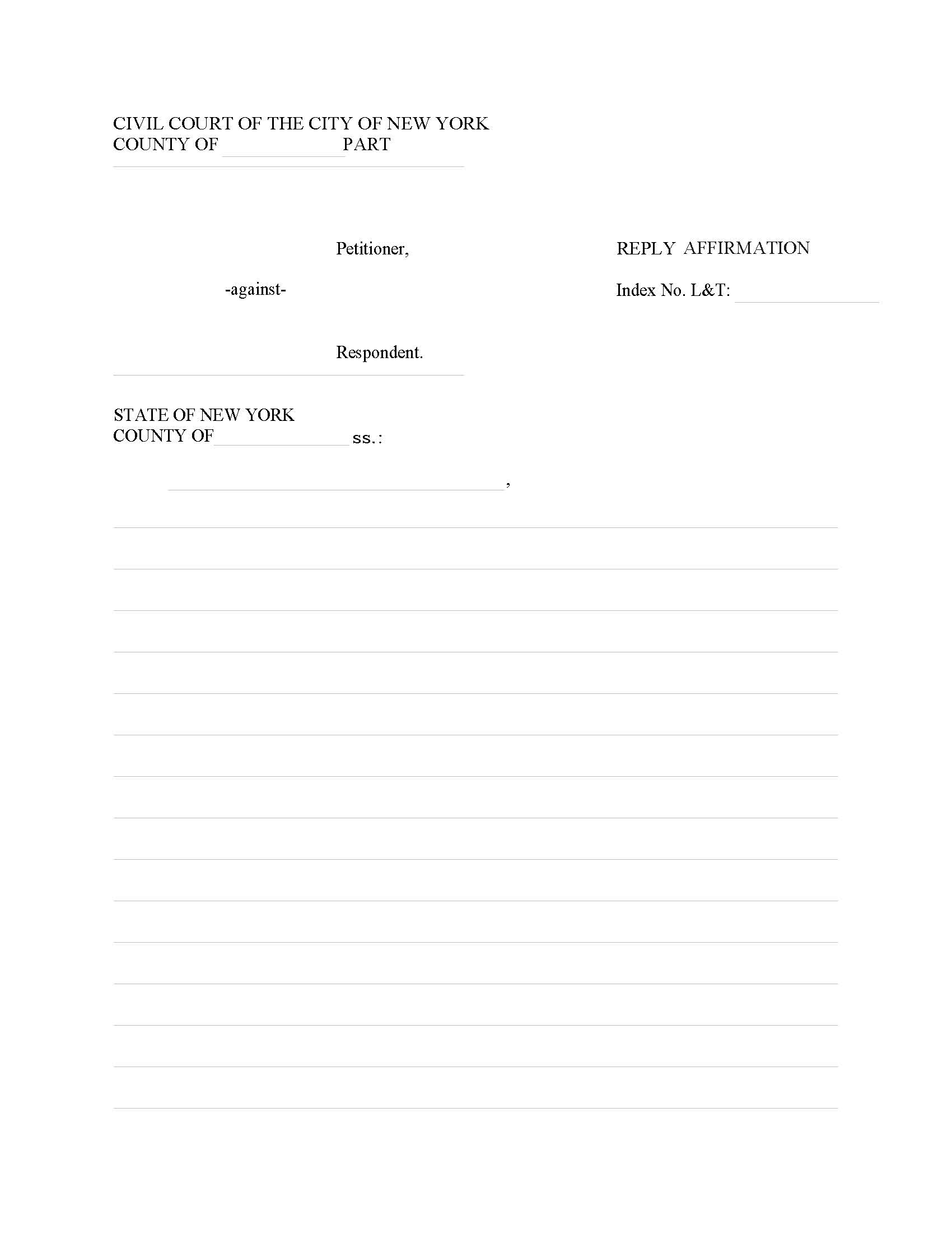 Reply Affirmation (Landlord-Tenant) {CIV-LT-13B} | Pdf Fpdf Doc Docx | New York