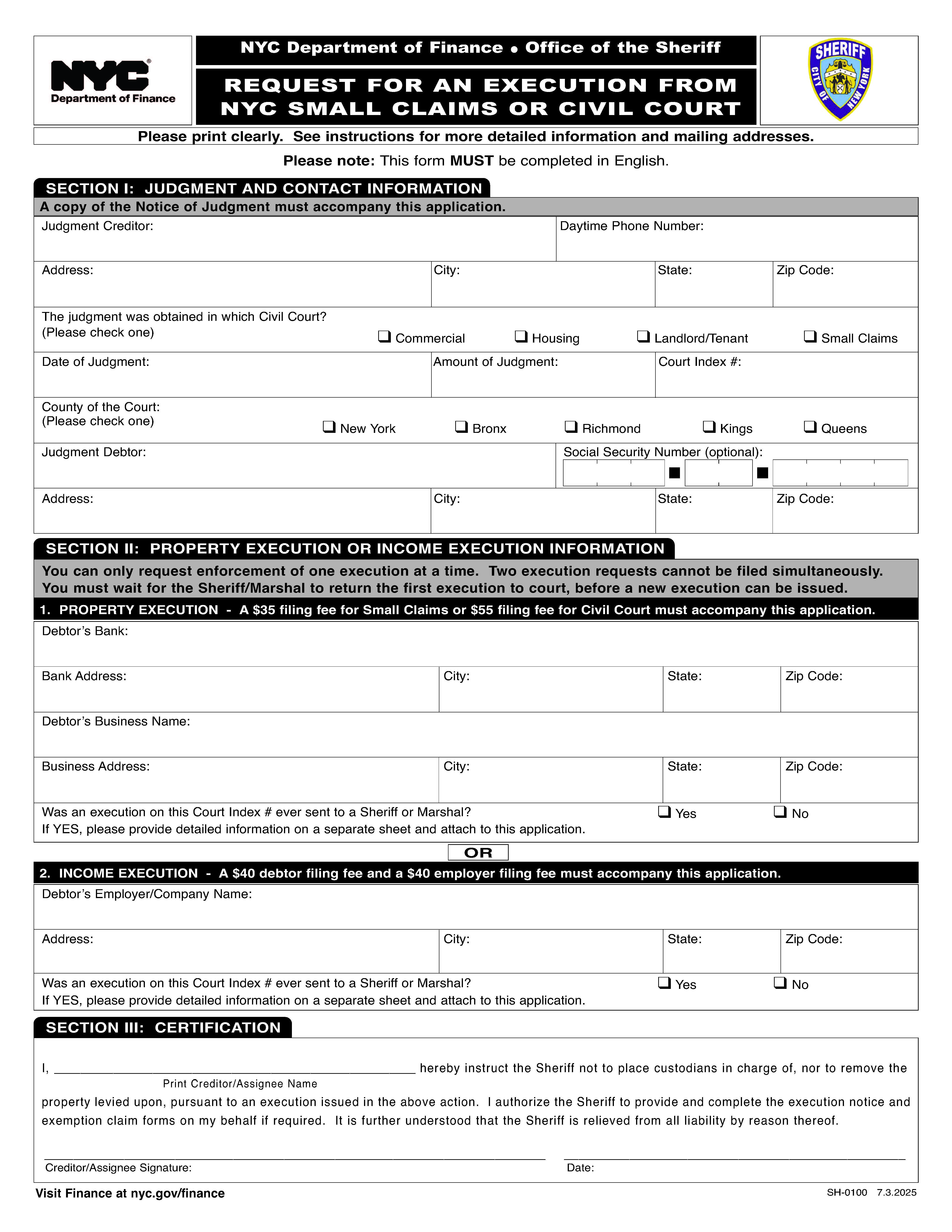 Request For An Execution From NYC Small Claims Or Civil Court {SH-0100} | Pdf Fpdf Doc Docx | New York