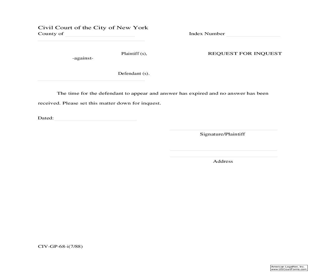 Request For Inquest {CIV-GP-68} | Pdf Fpdf Doc Docx | New York