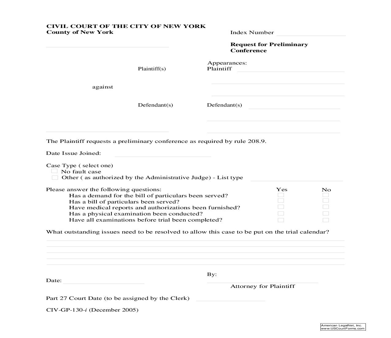 Request For Preliminary Conference {CIV-GP-130} | Pdf Fpdf Doc Docx | New York