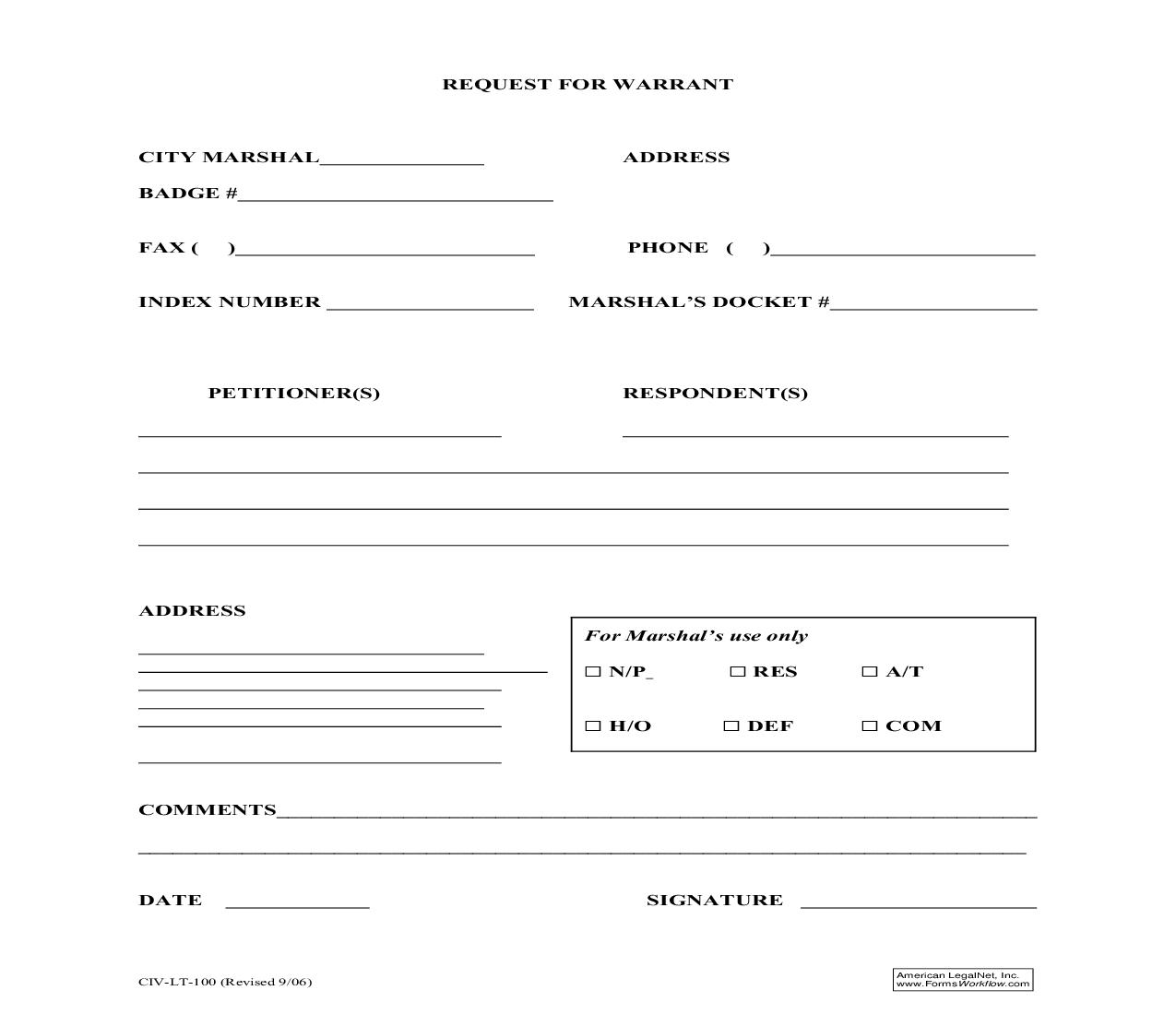 Request For Warrant {CIV-LT-100} | Pdf Fpdf Doc Docx | New York