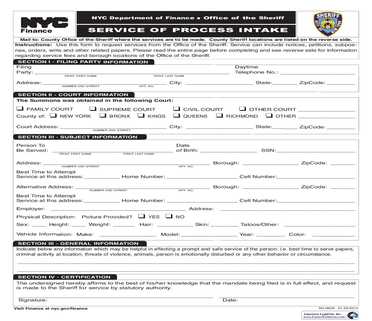 Service Of Process Intake {SH-0609} | Pdf Fpdf Doc Docx | New York