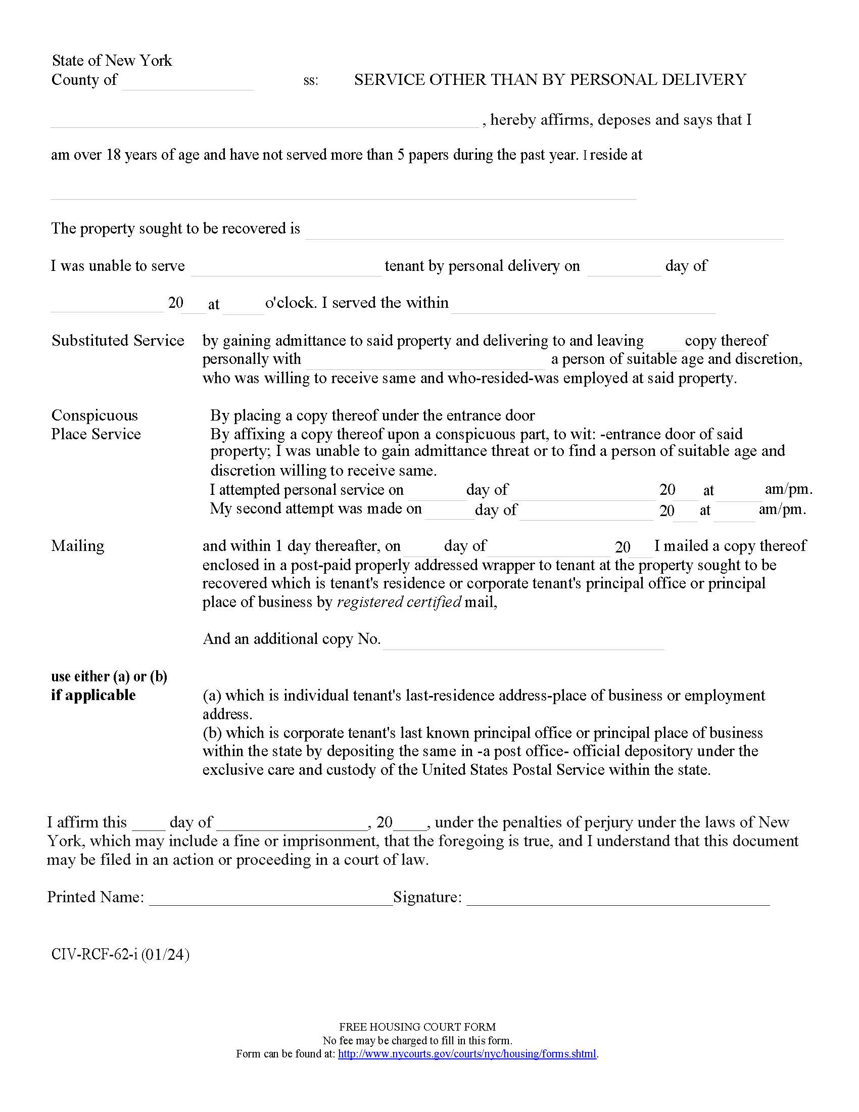 Service Other Than By Personal Delivery {CIV-RCF-62-i} | Pdf Fpdf Doc Docx | New York