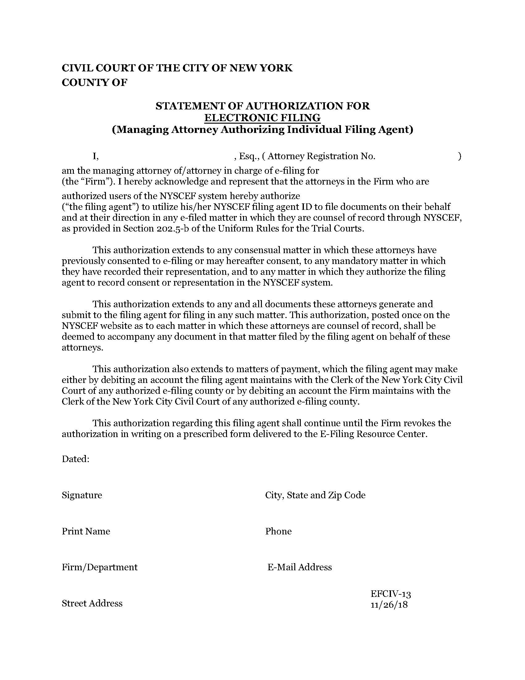 Statement Of Authorization For Electronic Filing (Managing Atty Individual Agent) {EFCIV-13} | Pdf Fpdf Docx | New York