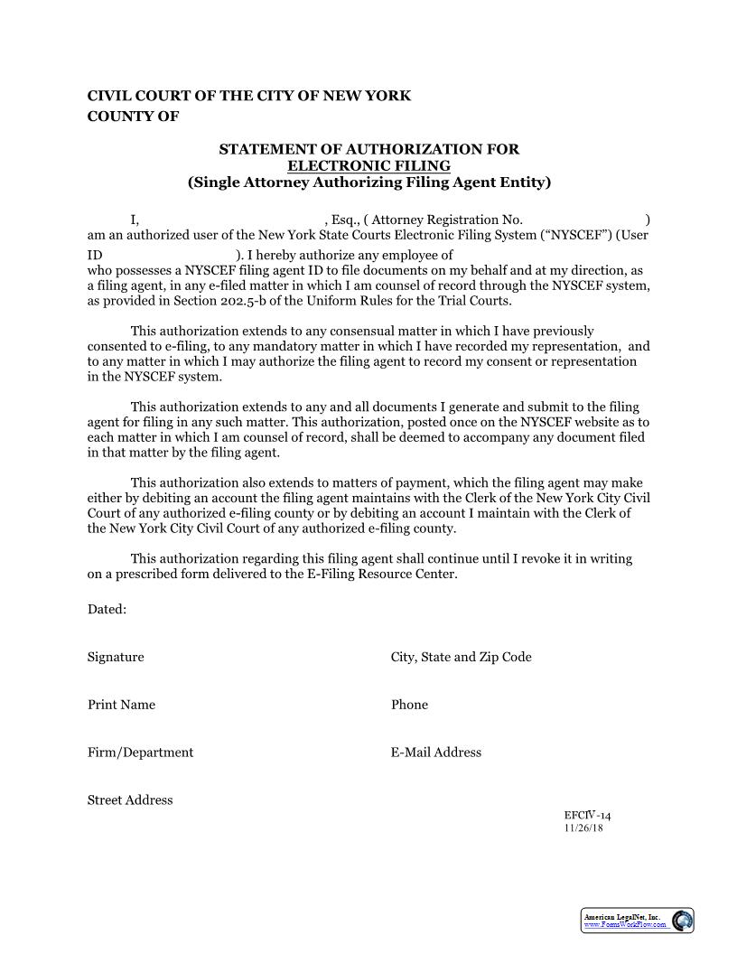 Statement Of Authorization For Electronic Filing (Single Atty Agent Entity) {EFCIV-14} | Pdf Fpdf Docx | New York