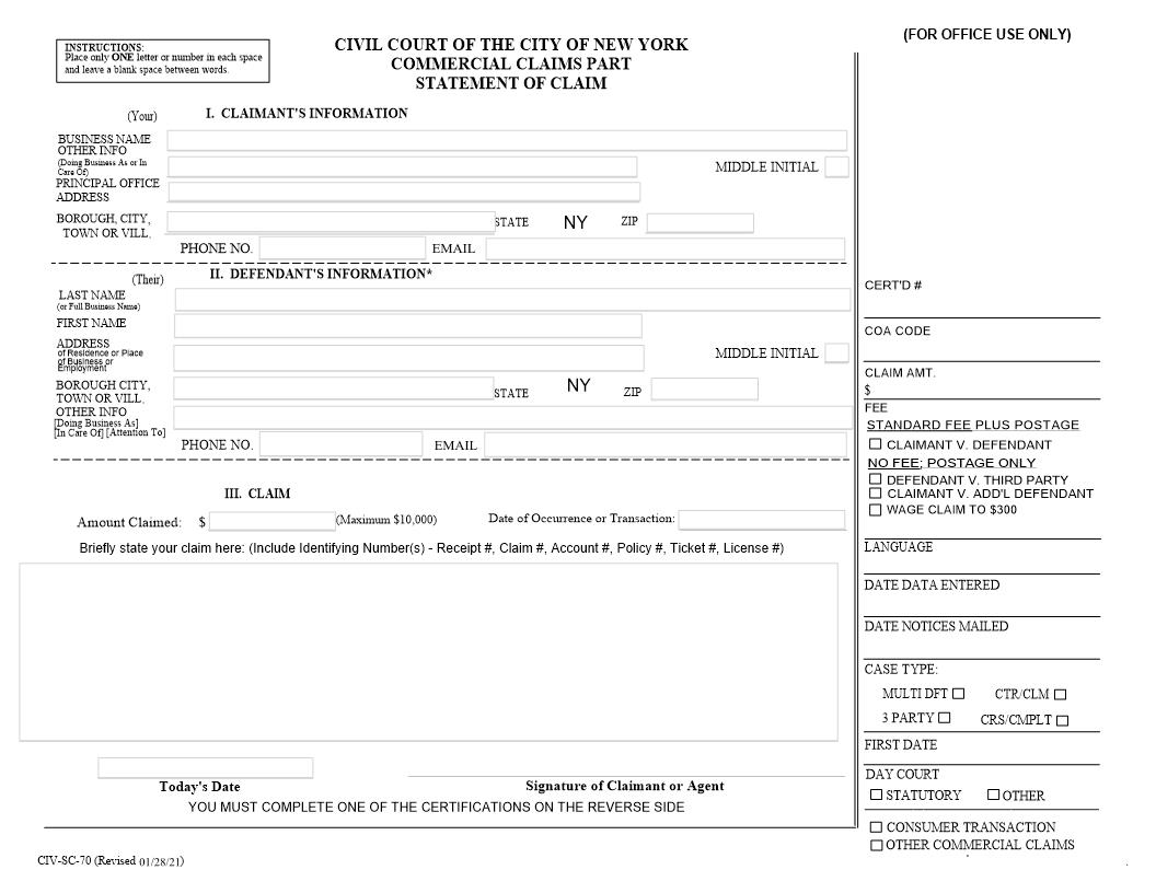 Statement Of Claim (Commercial Claims) {CIV-SC-70} | Pdf Fpdf Doc Docx | New York