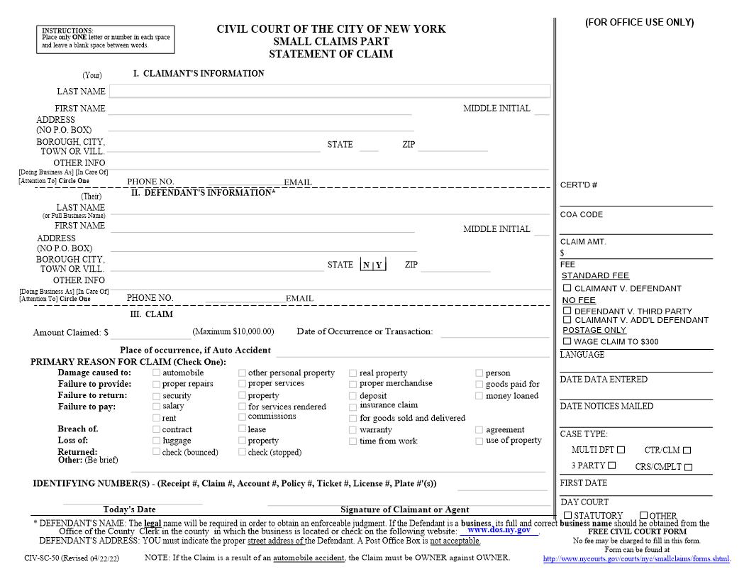Statement Of Claim (Small Claims) {CIV-SC-50} | Pdf Fpdf Doc Docx | New York