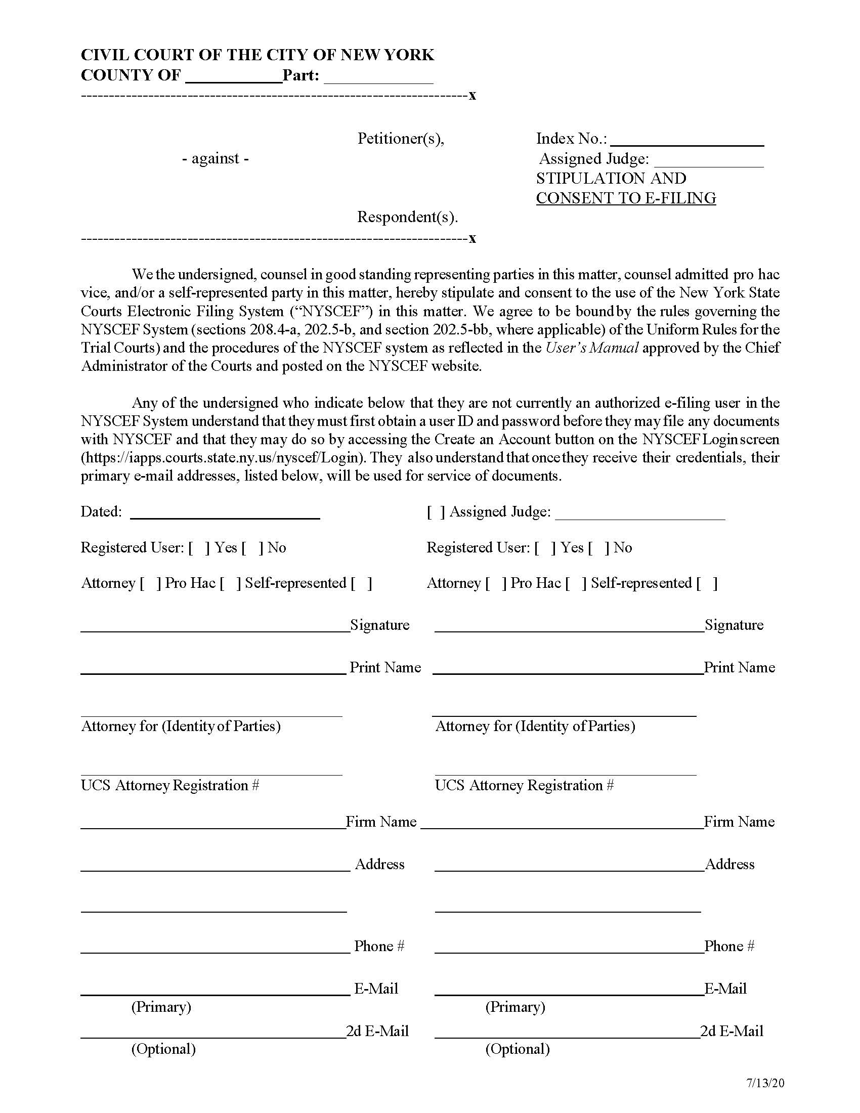 Stipulation And Consent To E-Filing | Pdf Fpdf Docx | New York