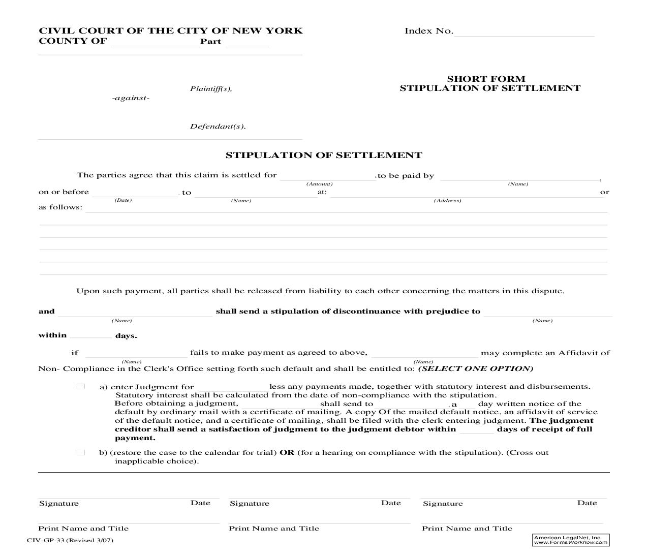 Stipulation Of Settlement (Short Form) {CIV-GP-33} | Pdf Fpdf Doc Docx | New York