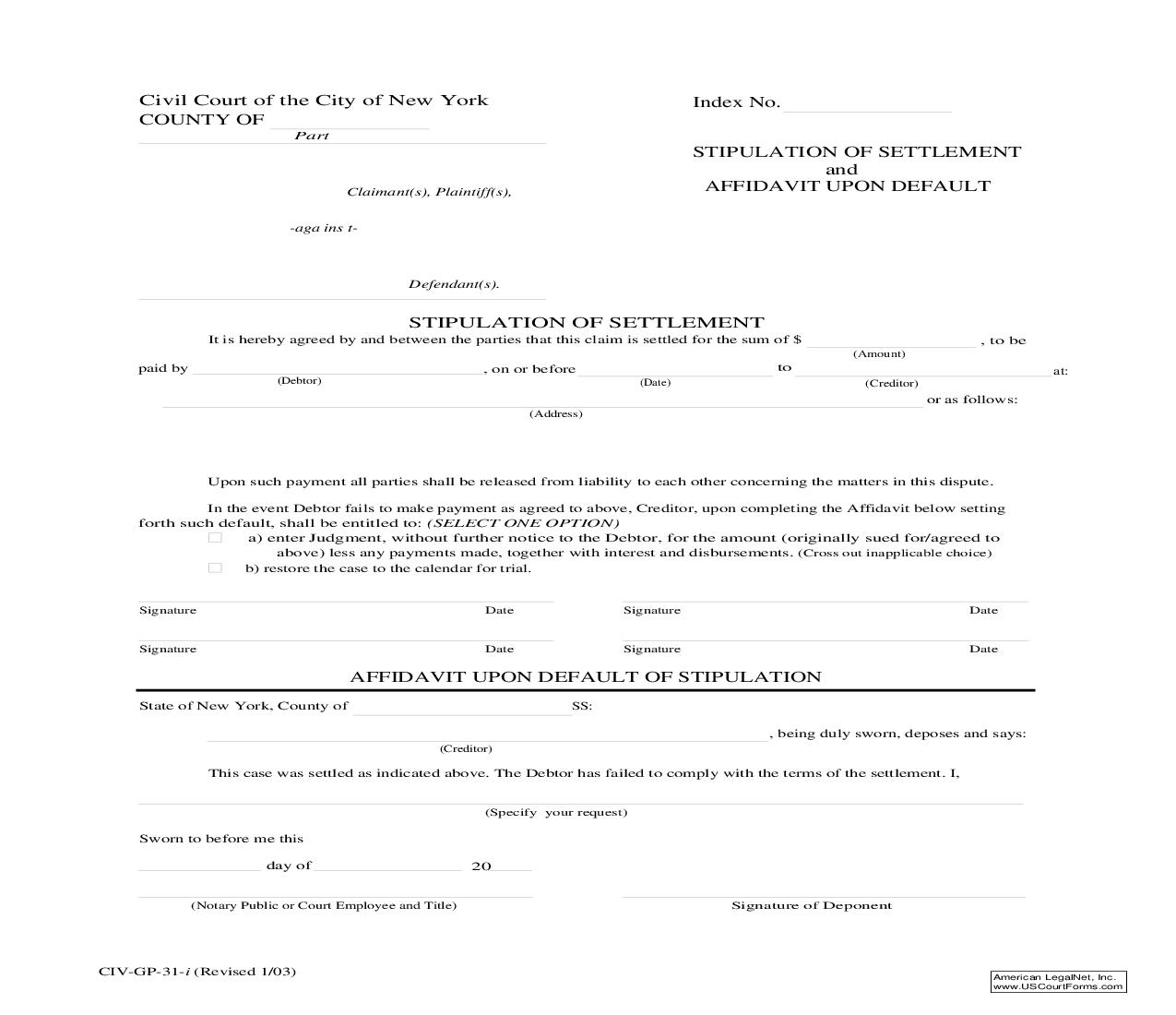 Stipulation Of Settlement And Affidavit Upon Default {CIV-GP-31} | Pdf Fpdf Doc Docx | New York