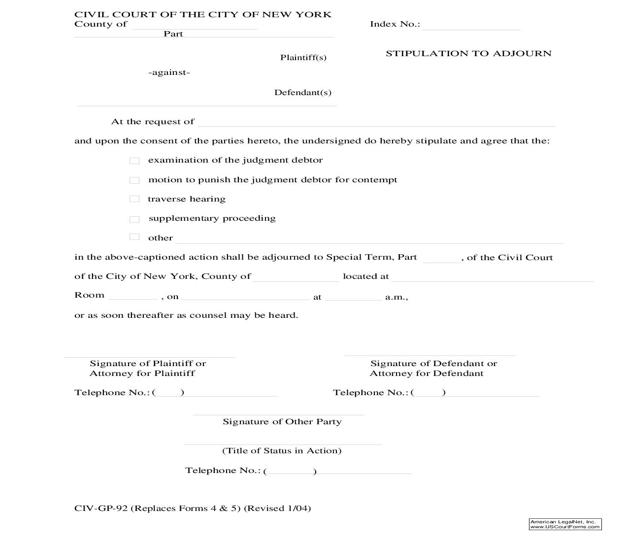 Stipulation To Adjourn {CIV-GP-92} | Pdf Fpdf Doc Docx | New York