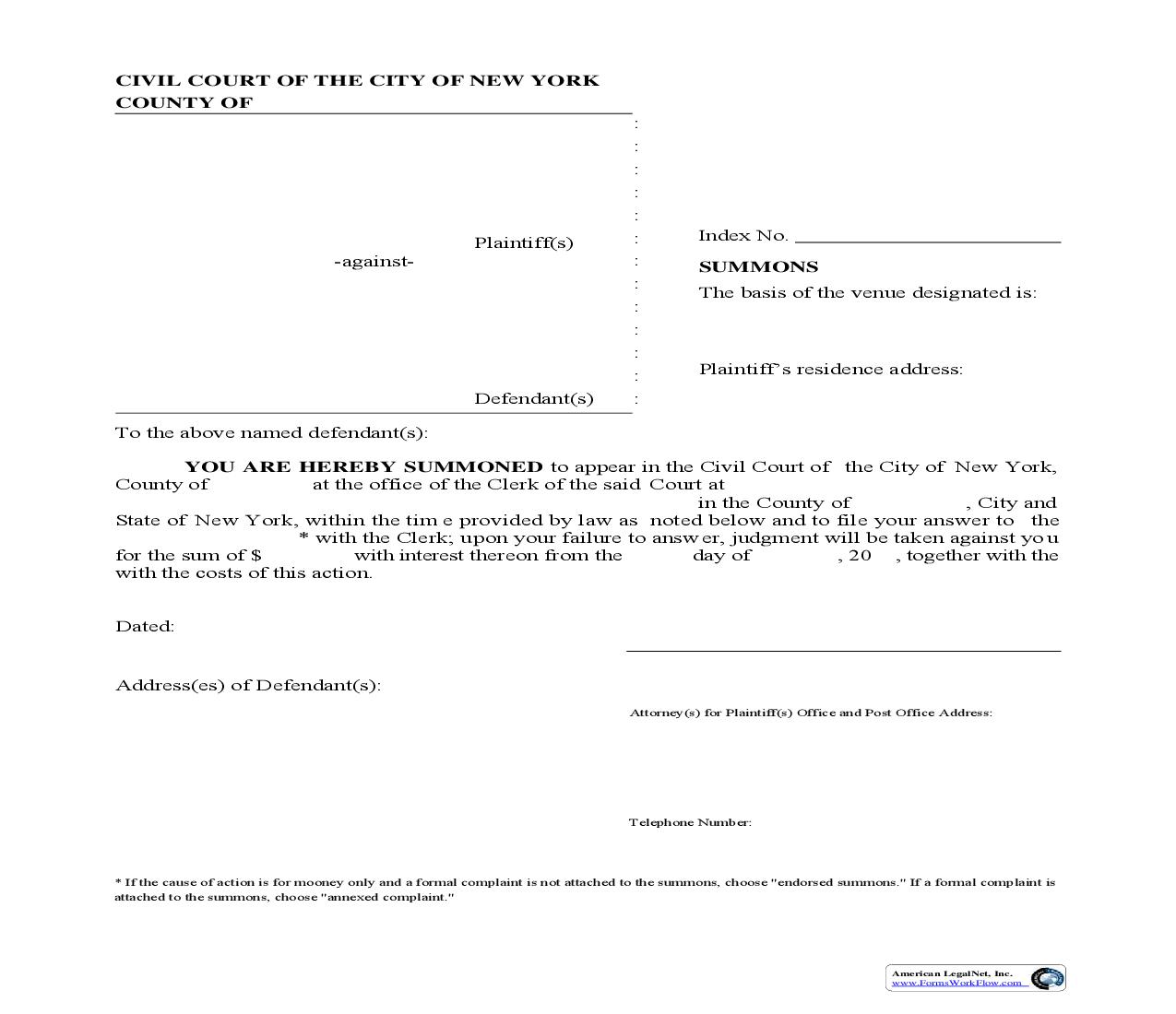 Summons (City Court) | Pdf Fpdf Doc Docx | New York