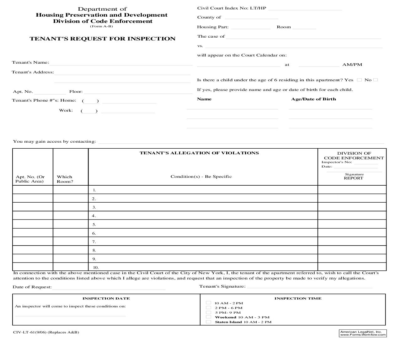 Tenants Request For Inspection {CIV-LT-61} | Pdf Fpdf Doc Docx | New York