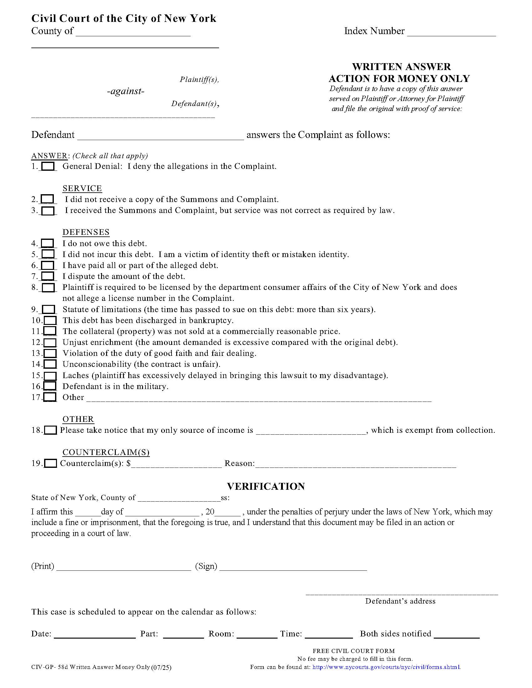 Written Answer Action For Money Only {CIV-GP-58d} | Pdf Fpdf Doc Docx | New York
