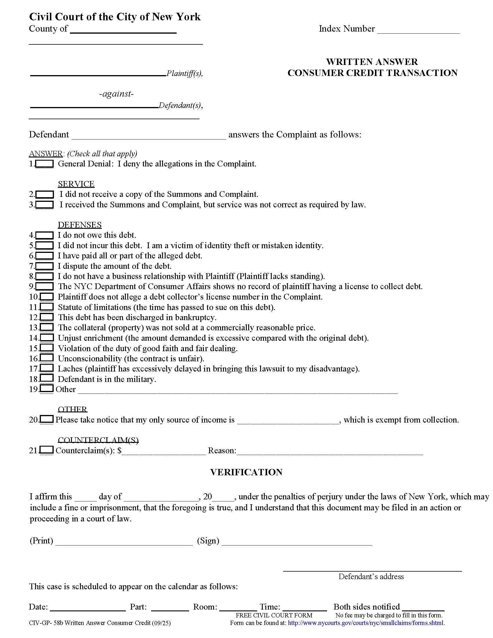 Written Answer Consumer Credit Transaction {CIV-GP-58b} | Pdf Fpdf Doc Docx | New York