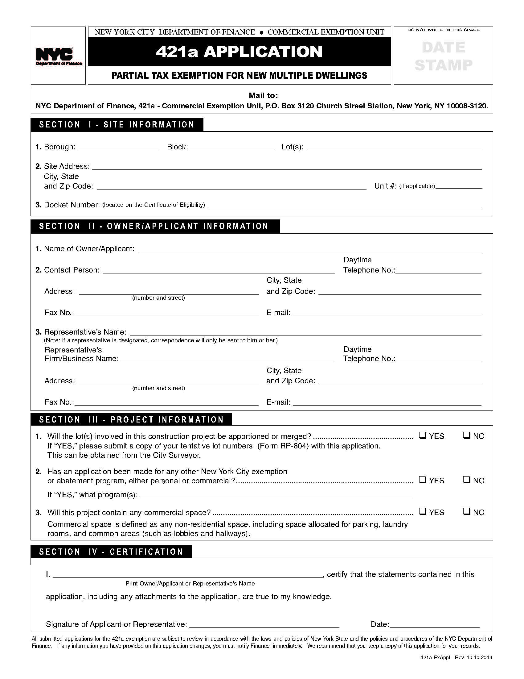 421a Application Partial Tax Exemption For New Multiple Dwellings {DoF-421a} | Pdf Fpdf Doc Docx | New York