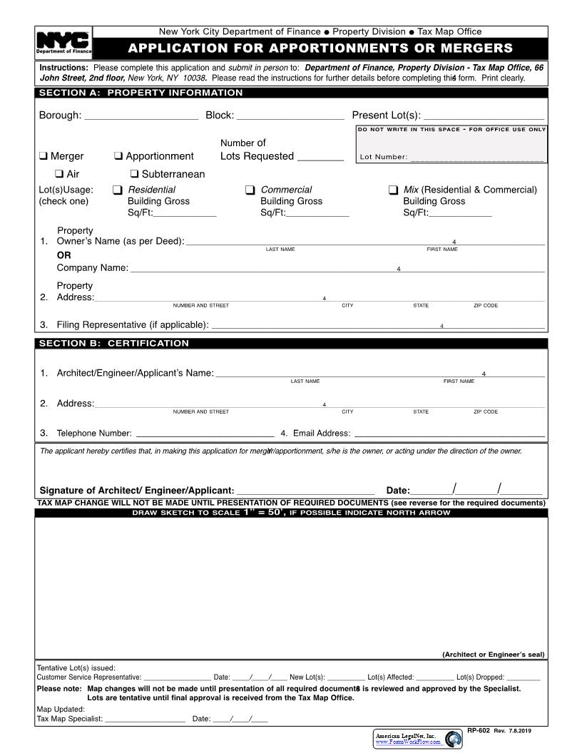 Application For Apportionments Or Mergers {RP-602} | Pdf Fpdf Docx | New York
