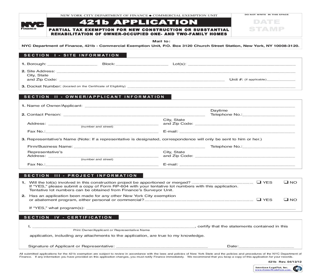 Application Partial Tax Exemption For New Construction Or Substantial Rehabilitation {421b} | Pdf Fpdf Doc Docx | New York