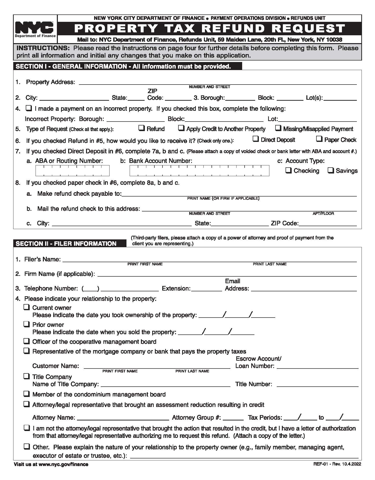 Property Tax Refund Request {REF-01} | Pdf Fpdf Doc Docx | New York