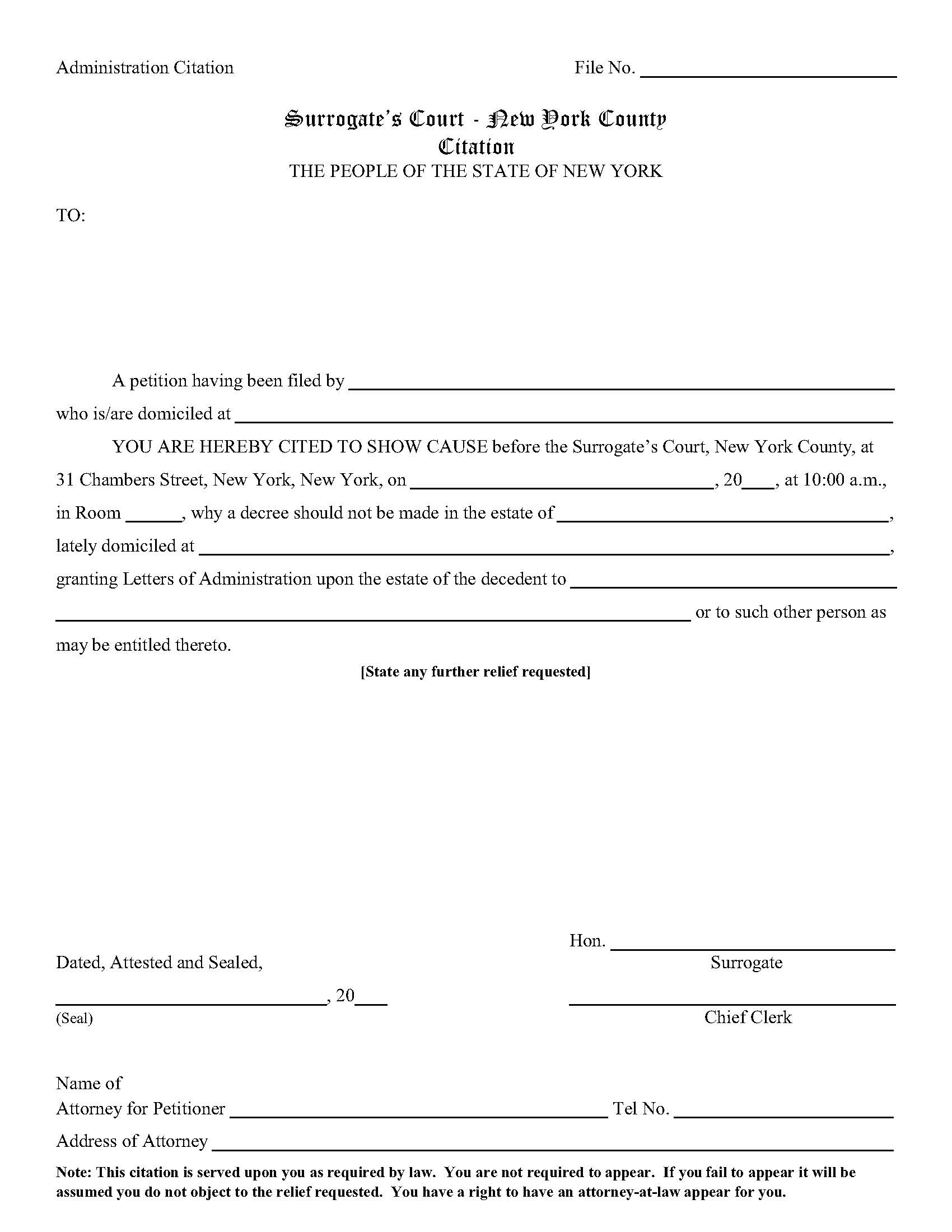 Administration Citation (Surrogates Court - County Of NY) | Pdf Fpdf Docx | New York