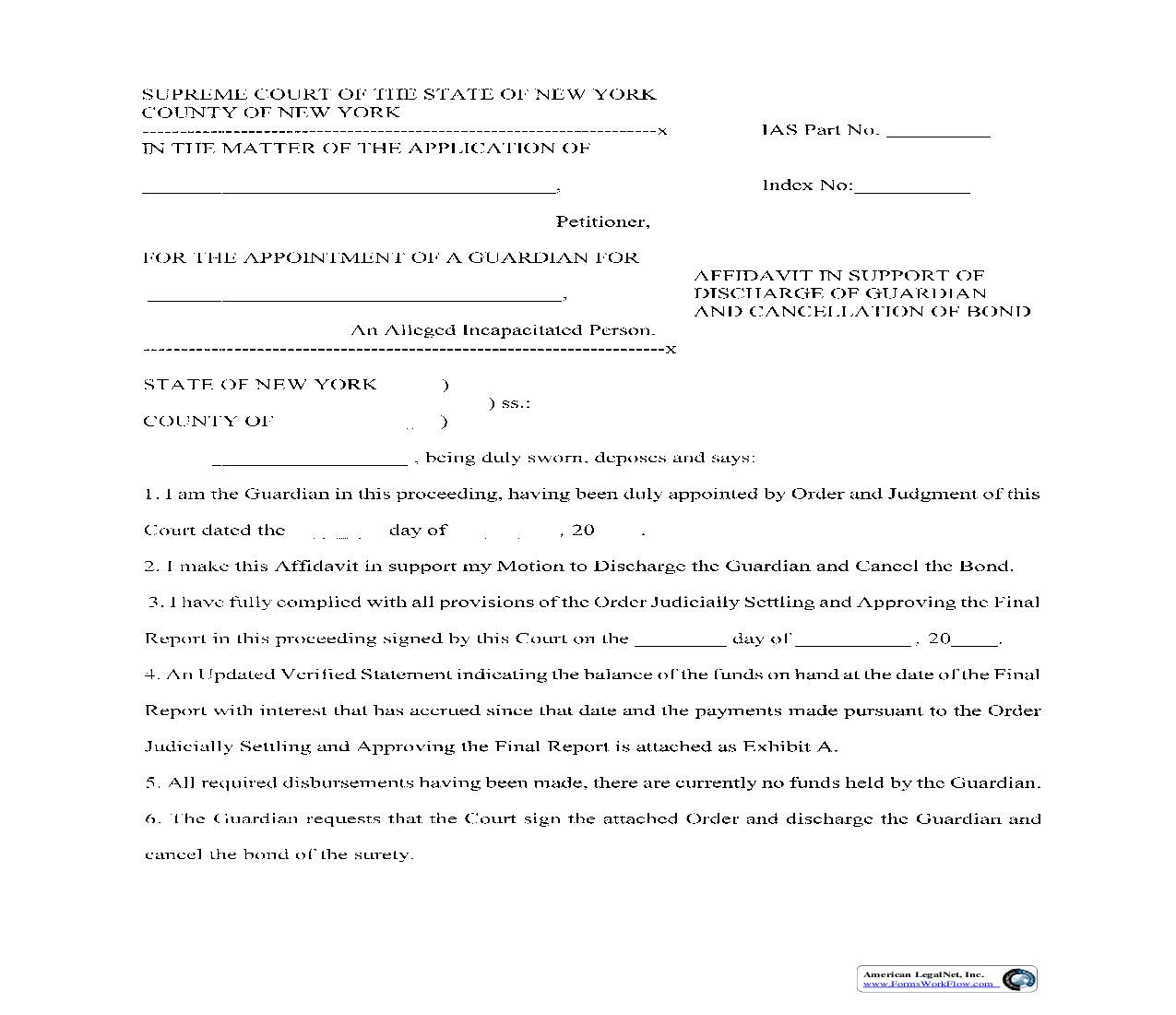 Affidavit In Support Of Discharge Of Guardian And Cancellation Of Bond | Pdf Fpdf Doc Docx | New York