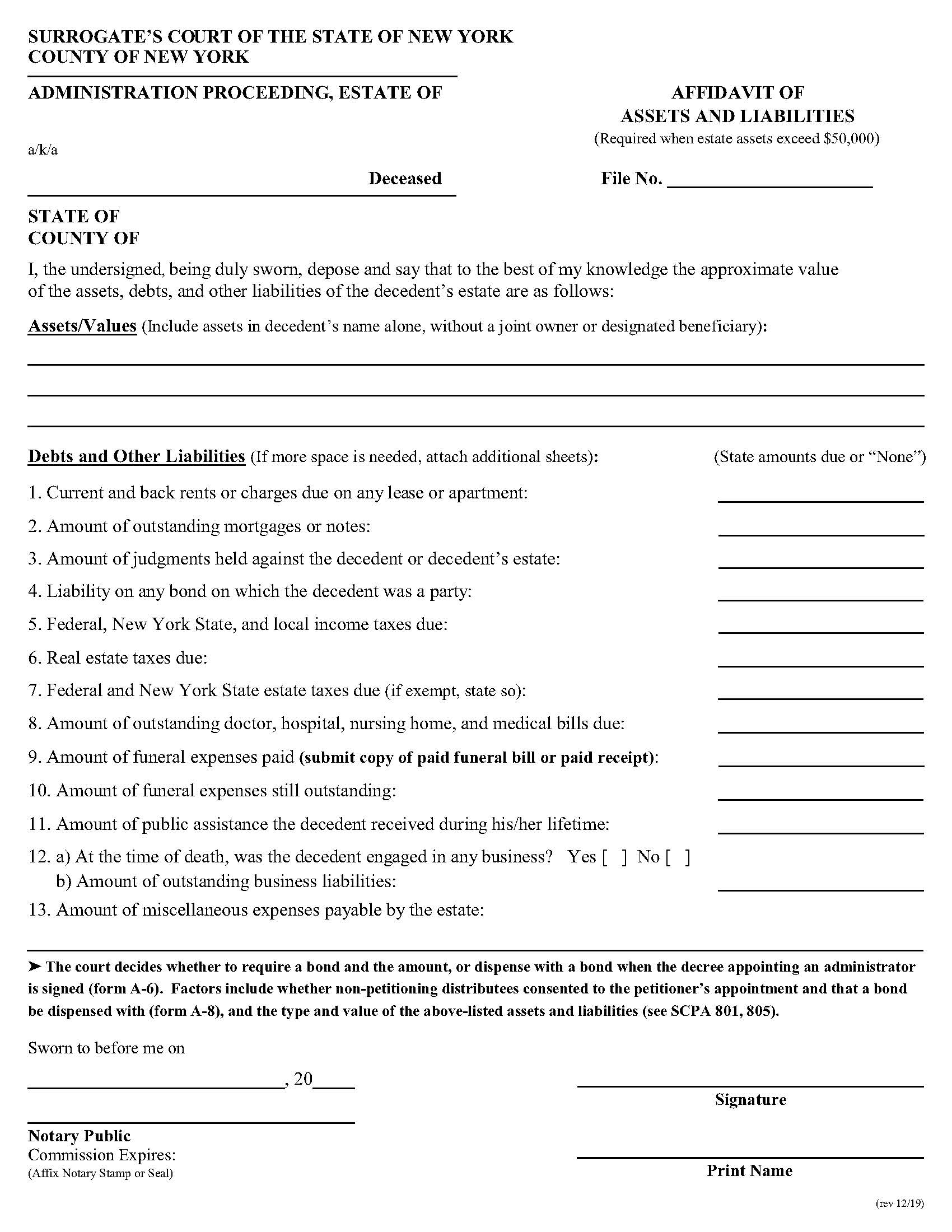 Affidavit Of Assets And Liabilities (Surrogates Court - County Of NY) | Pdf Fpdf Docx | New York