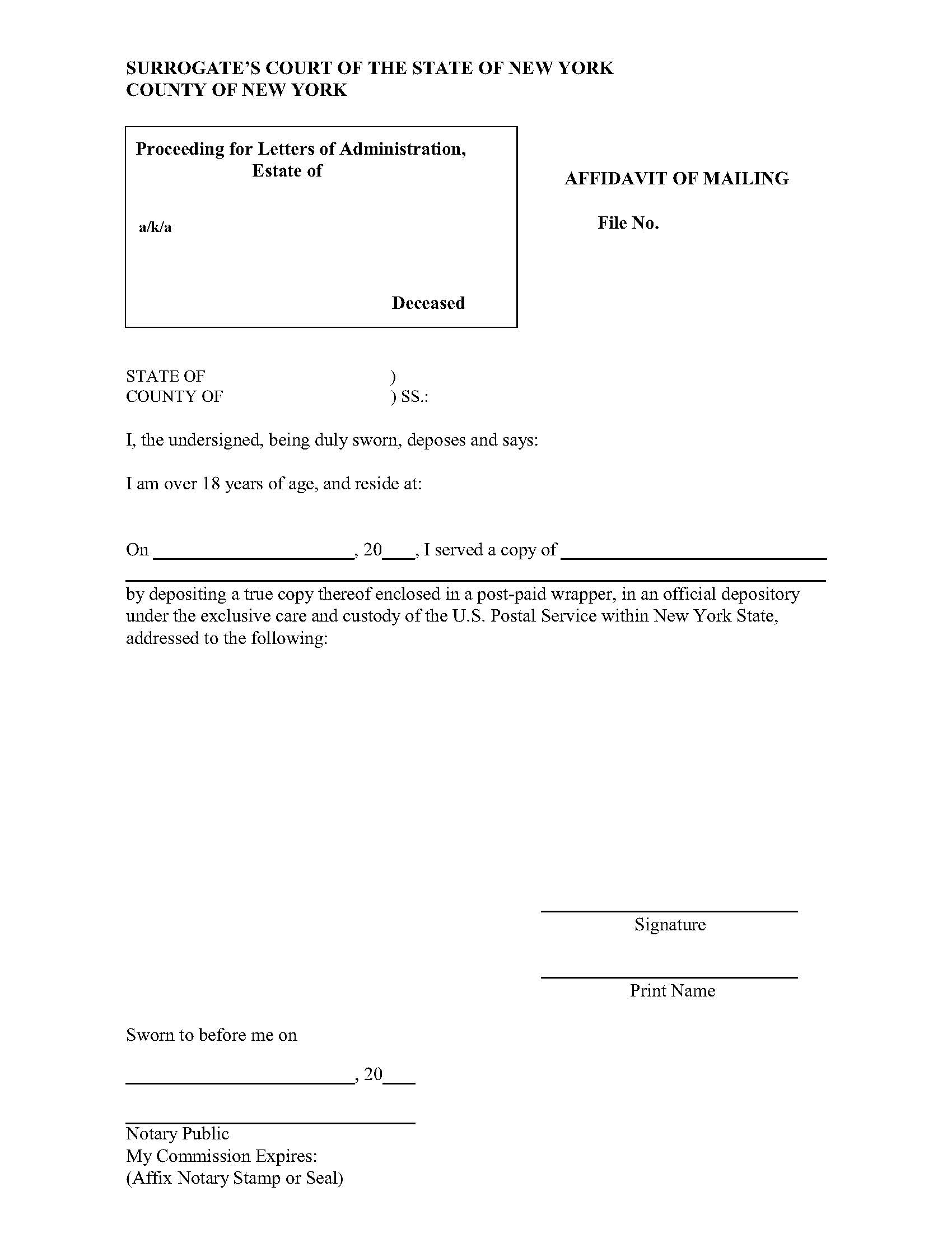 Affidavit Of Mailing (Administration Proceeding - Surrogates Court - County Of NY) | Pdf Fpdf Docx | New York