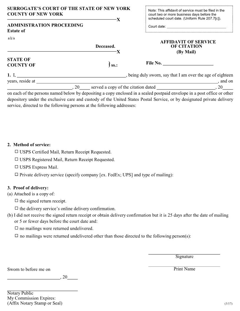Affidavit Of Service Of Citation (By Mail - Surrogates Court - County Of NY) | Pdf Fpdf Docx | New York