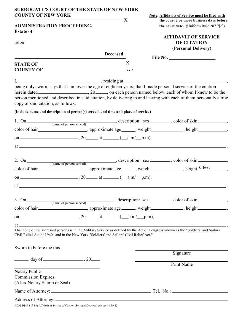 Affidavit Of Service Of Citation (Personal Delivery - Surrogates Court - County Of NY) | Pdf Fpdf Docx | New York