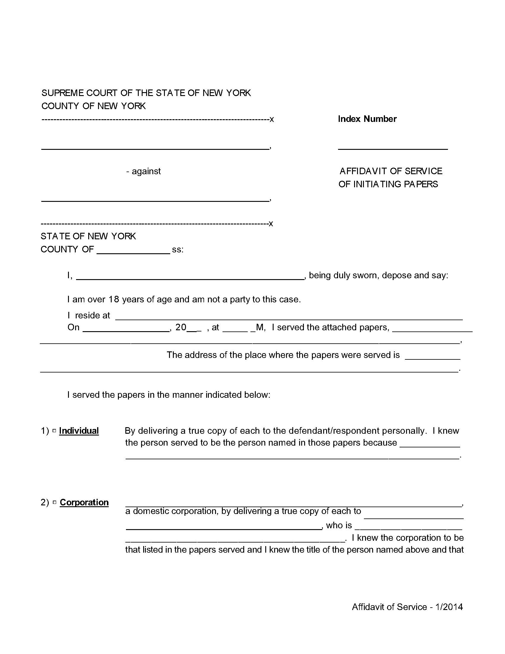 Affidavit Of Service Of Initiating Papers (Sample And Form) | Pdf Fpdf Doc Docx | New York