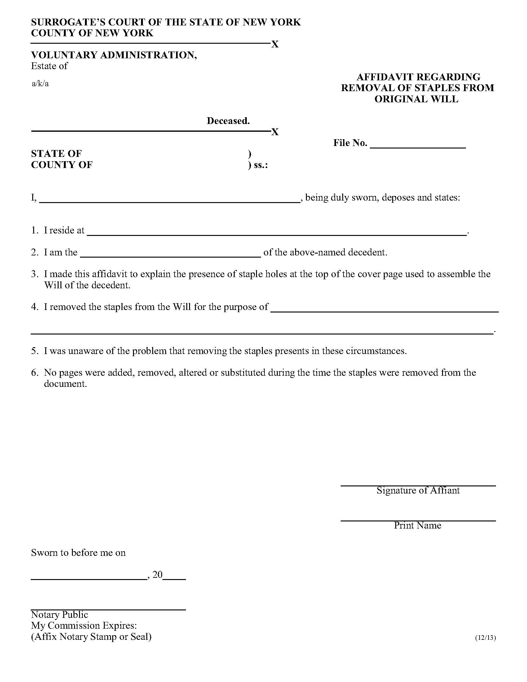 Affidavit Regarding Removal Of Staples From Original Will (Surrogates Court - County Of NY) | Pdf Fpdf Docx | New York