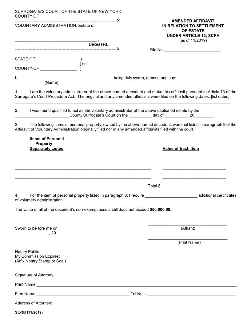 Amended Affidavit Settlement Of Estate (Surrogates Court - County Of NY) | Pdf Fpdf Docx | New York