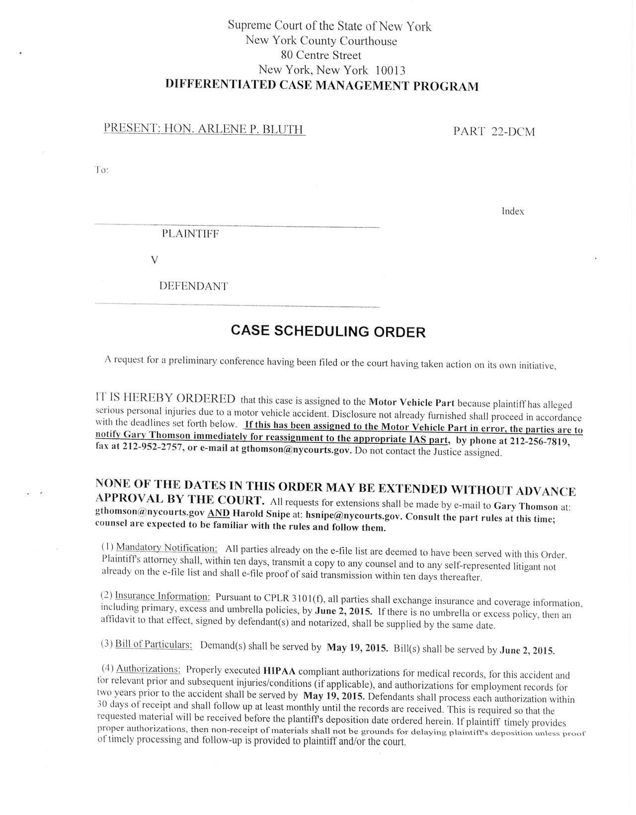Case Scheduling Order (Motor Vehicle Part - Judge Bluth) | Pdf Fpdf Doc Docx | New York