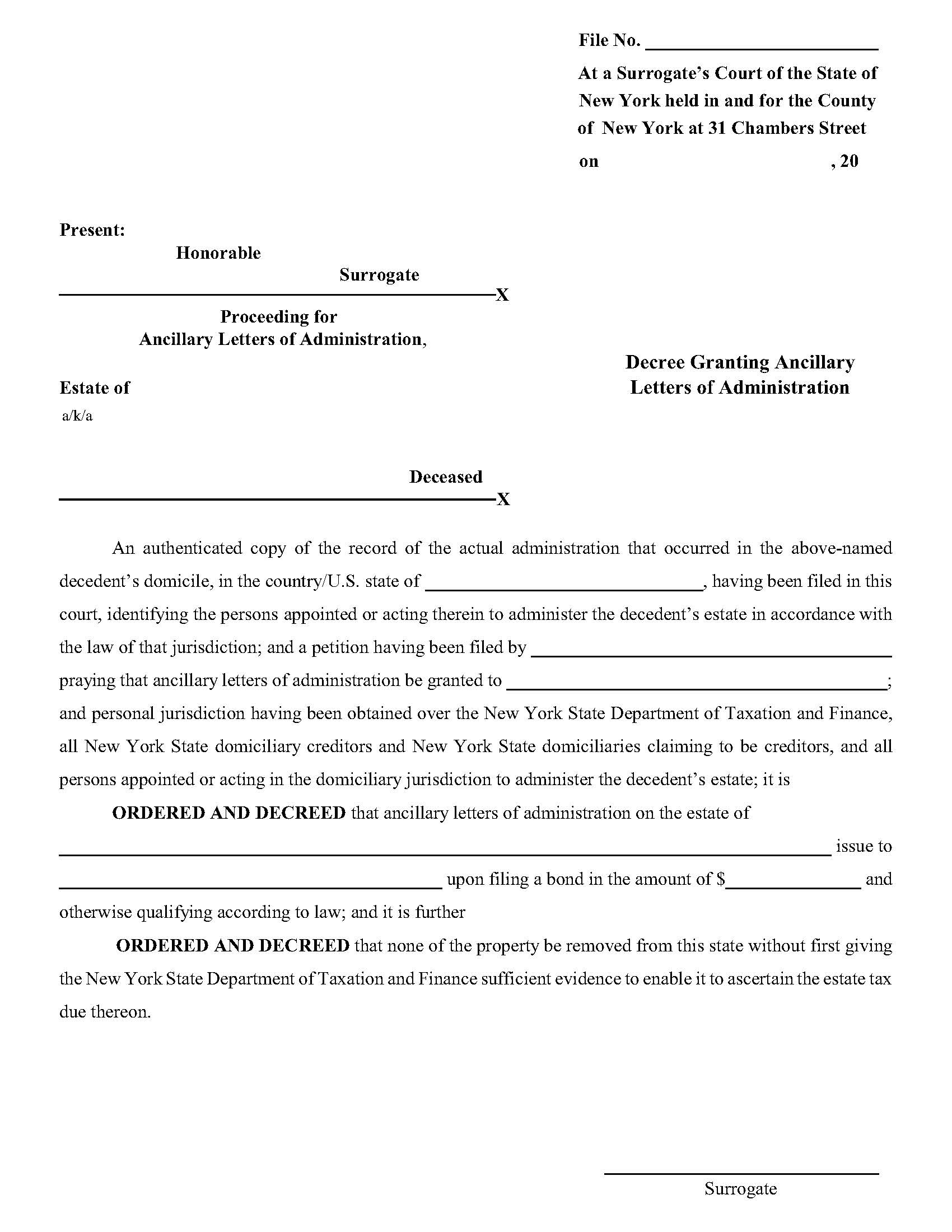 Decree Granting Ancillary Letters Of Administration (Surrogates Court - County Of NY) | Pdf Fpdf Docx | New York