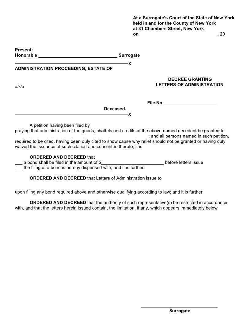 Decree Granting Letters Of Administration (Surrogates Court - County Of NY) | Pdf Fpdf Docx | New York
