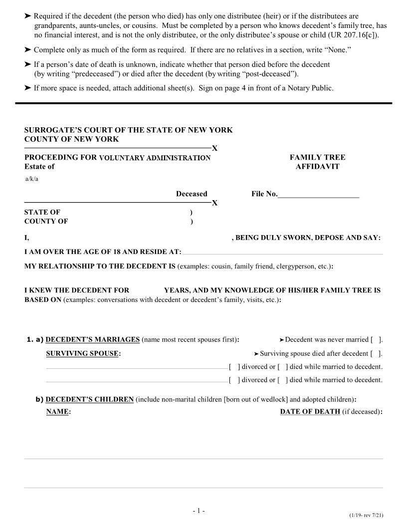 Family Tree Affidavit (Surrogates Court - County Of NY) | Pdf Fpdf Docx | New York