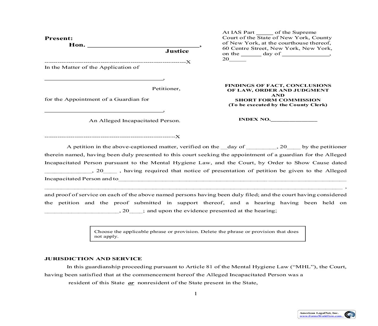 Findings Of Fact Conclusions Of Law Order And Judgment And Short Form Commission | Pdf Fpdf Doc Docx | New York
