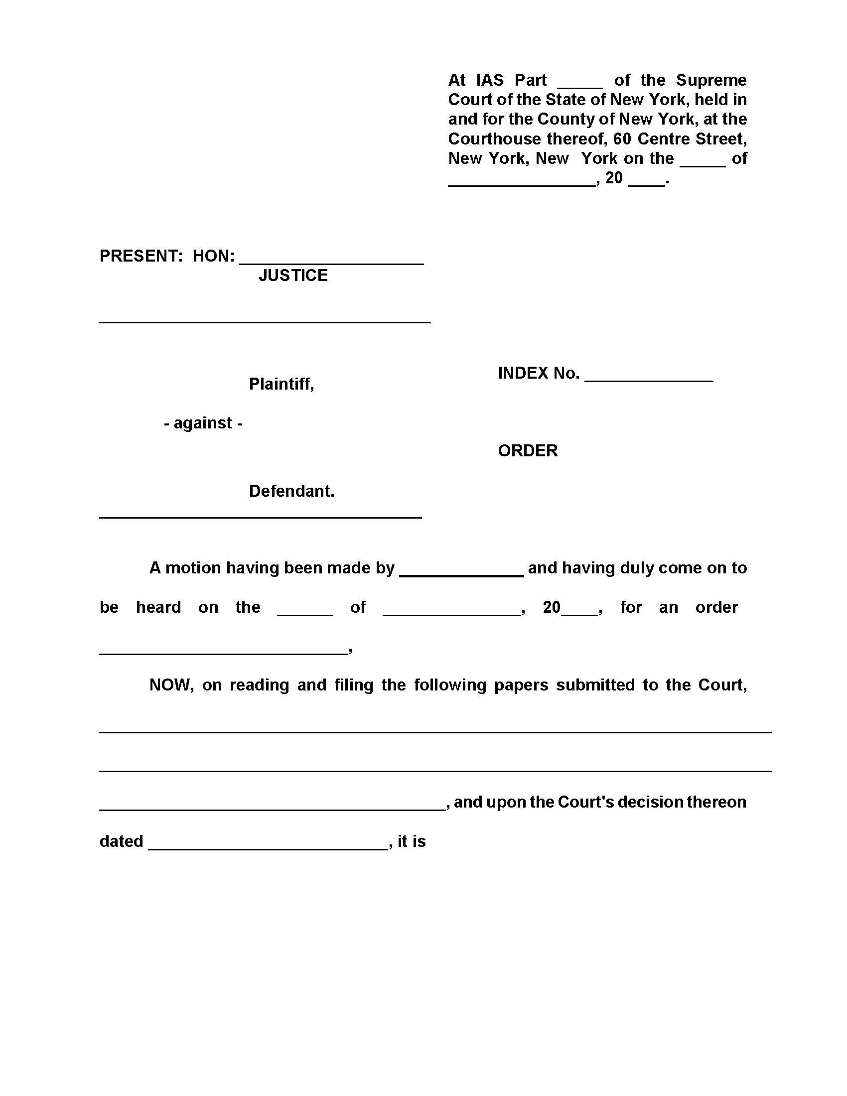 Order (Pendente Lite Relief - Maintenance Child Support Custody Injunctive Relief Counsel Fees Etc) | Pdf Fpdf Doc Docx | New York